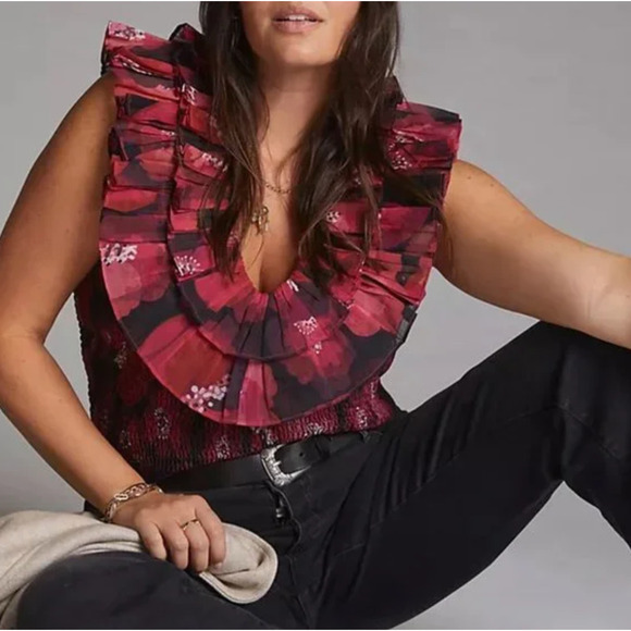 Anthropologie Red Ruffled Blouse - Picture 2 of 7